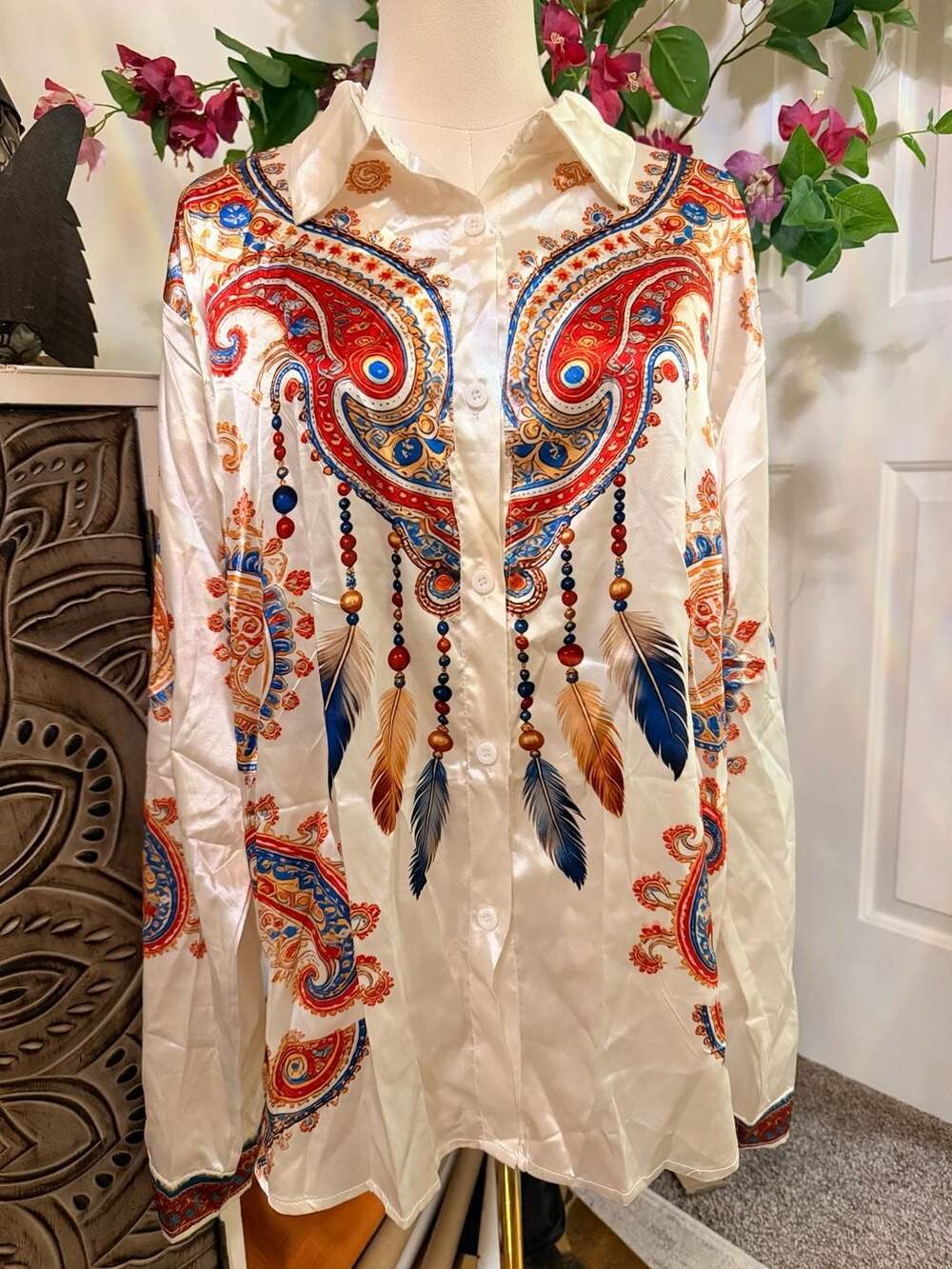 Shein Boho Paisley Feather Print Satin Blouse Size XL White Long Sleeve